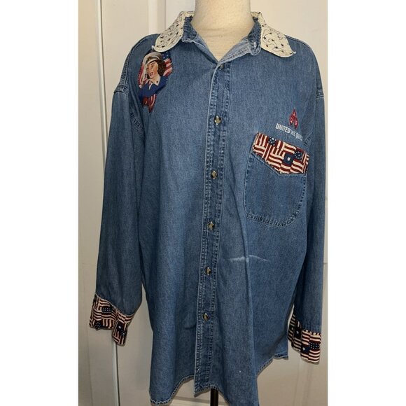 Womens Embellished Denim Blue Jean XL Top Quilt Pin Up Girl Quilter USA Patriot - Picture 9 of 16